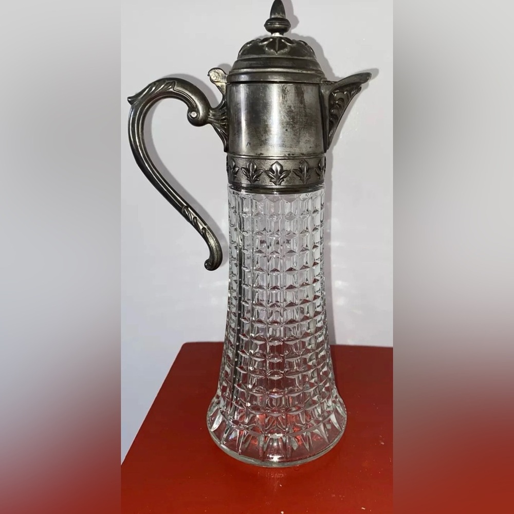 Vintage Glass Decanter Pitcher With Silver Plated Spout & Handle 11” K-4